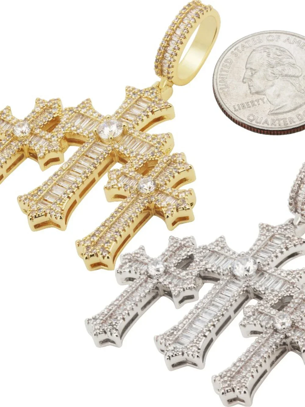 14k Yellow/White Gold Plated AAA CZ Baguette Flared Triple Cross Pendant